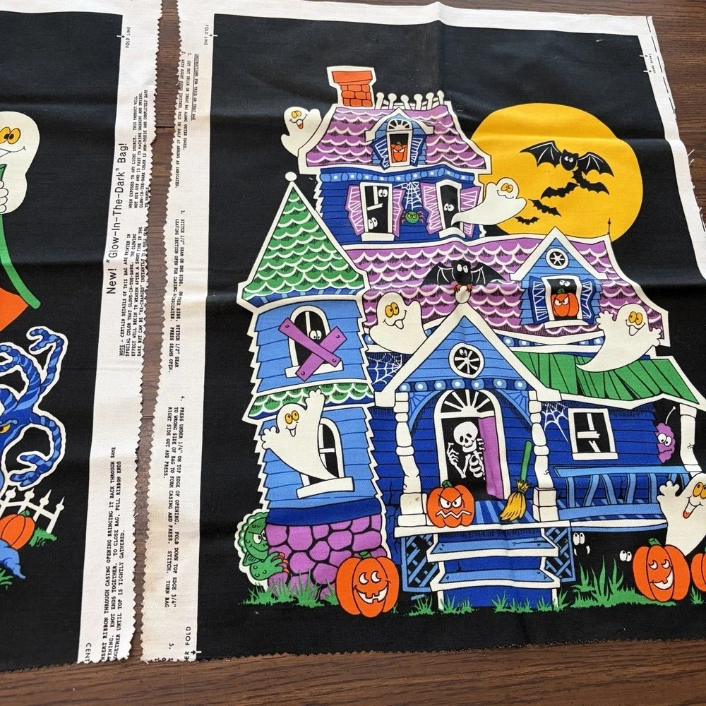 Vintage Halloween Trick Or Treat Haunted House Cranston Fabric Panels Cut Sew